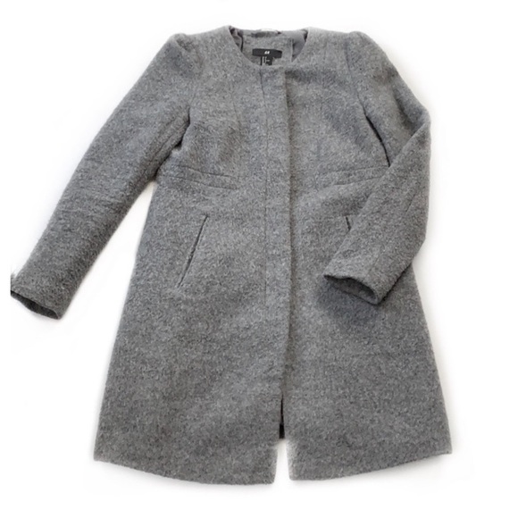 H&M collarless wool blend coat zip up grey boucle structured wool jacket size 6 - Picture 2 of 7